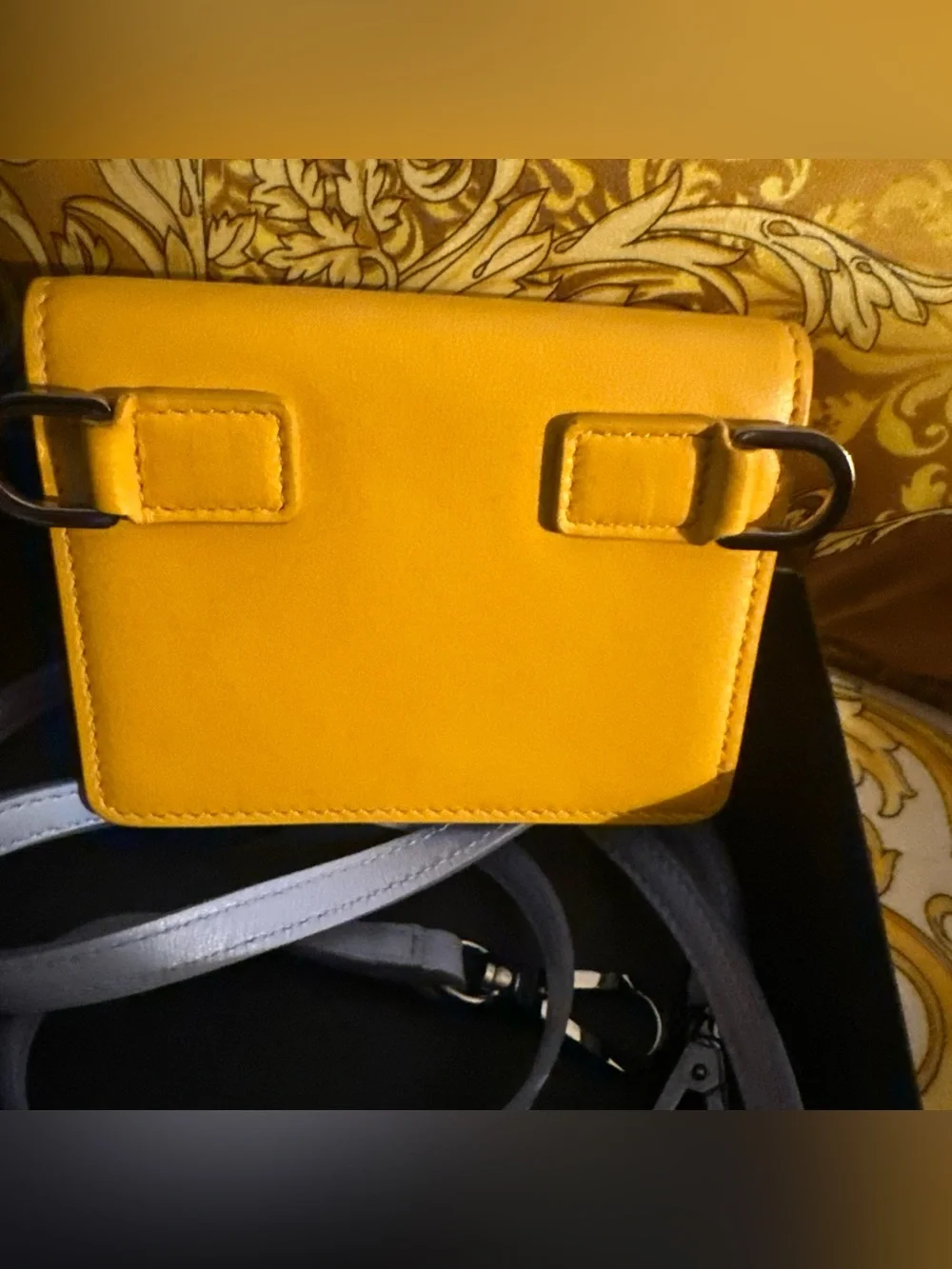 Dolce & Gabbana Mustard Men’s Leather Card HolderCrossbody w/Light Blue Strap